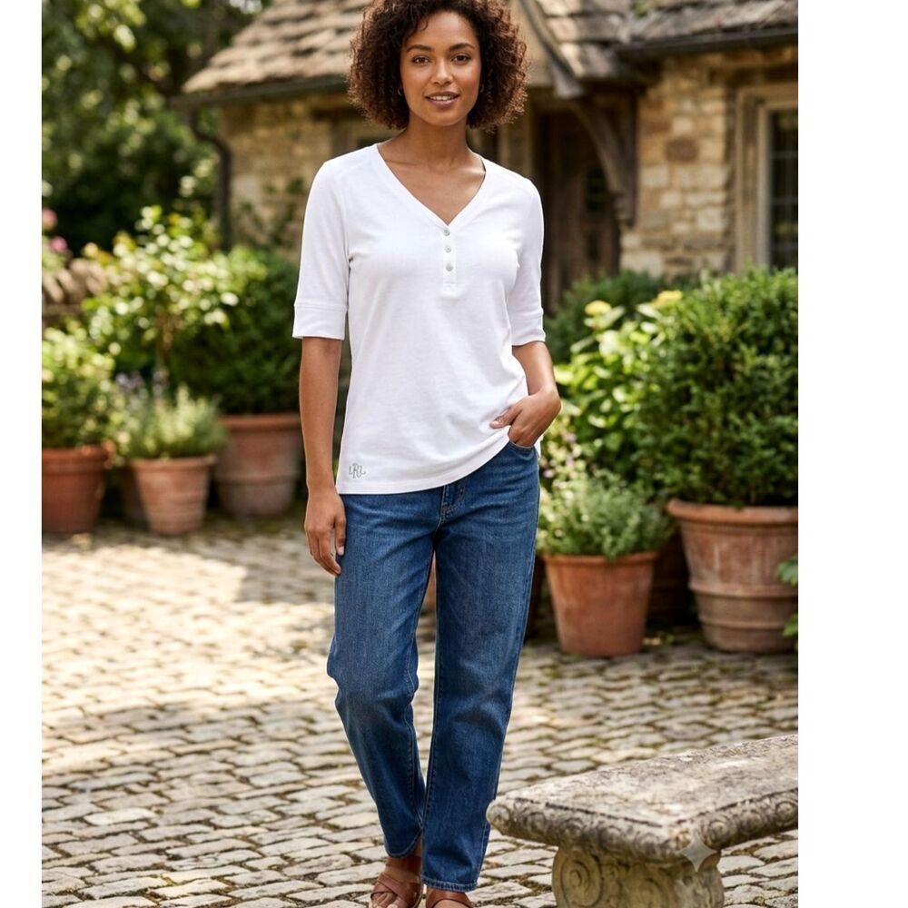 Lauren Ralph Lauren White Henley Shirt M 100% Cotton Short Sleeve V-Neck Tee